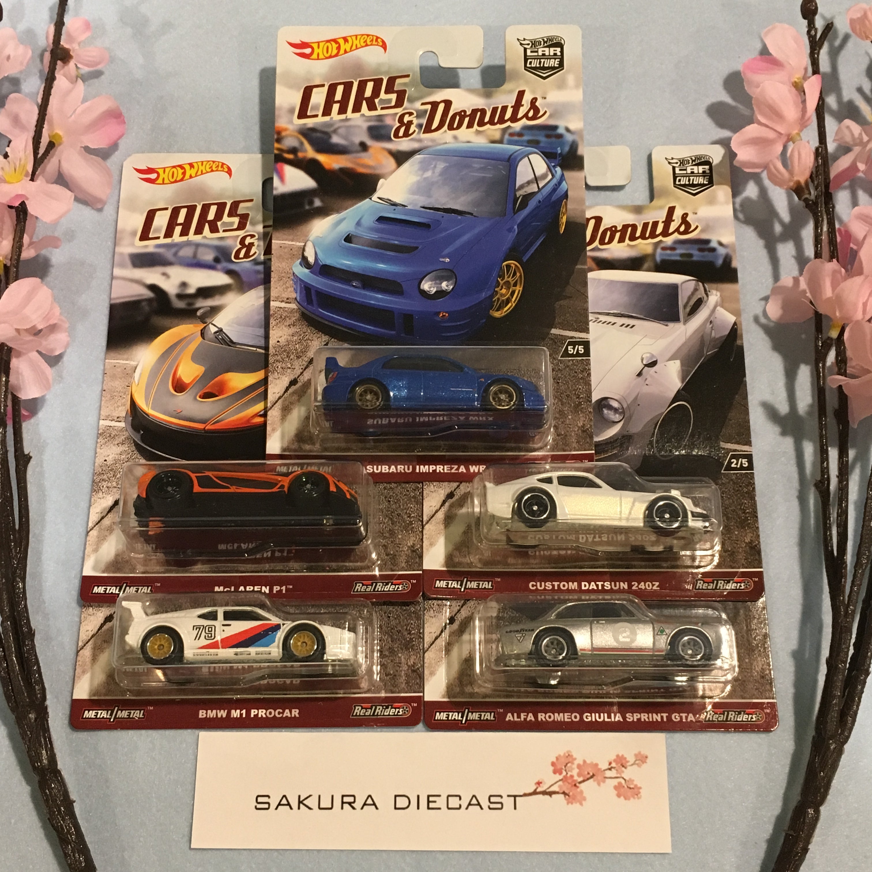 【尾張小牧店】 中古 Hot Wheels CARS & Donuts 5台セット CUSTOM DATSUN 240Z BMW M1 PROCAR GIULIA SPRINT GTA IMPREZA McLAREN P1【728】 3D38D04A-5C04-4980-8E8F-
